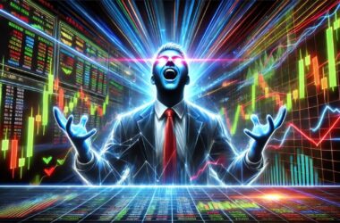 A stock trader experiencing an aha moment with an expressive and triumphant facial expression