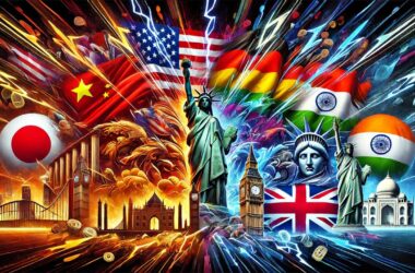 A digital artwork depicting a trade war between the US, China, Japan, Germany, India, and England