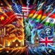 A digital artwork depicting a trade war between the US, China, Japan, Germany, India, and England