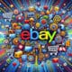 A digital artwork of a vibrant eBay themed composition, showcasing colorful shopping related elements like packages and shopping carts