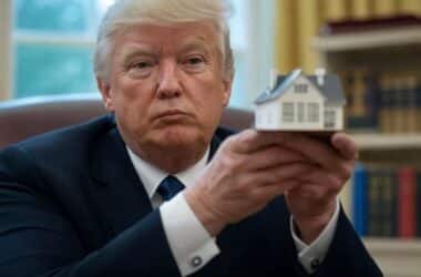 Digital artwork of President Trump holding a model of a house