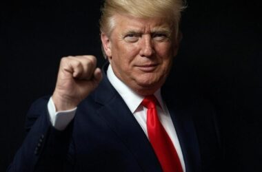 Digital artwork of President Trump with a victory fist pump