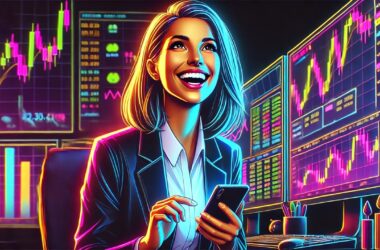 Image of a happy female trader, smiling with excitement and holding a mobile device