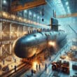 Image showing the construction of a nuclear powered submarine in a large industrial shipyard