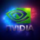 Nvidia logo in green with neon blue and red lights